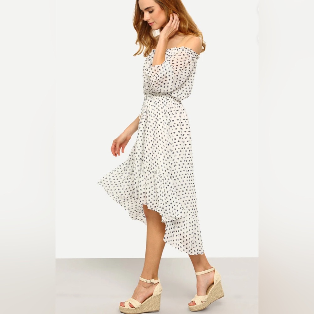 🛍2 for $22 NEW SHEIN Elasticized Off Shoulder Frill Dip Hem Polka Dot Dress L